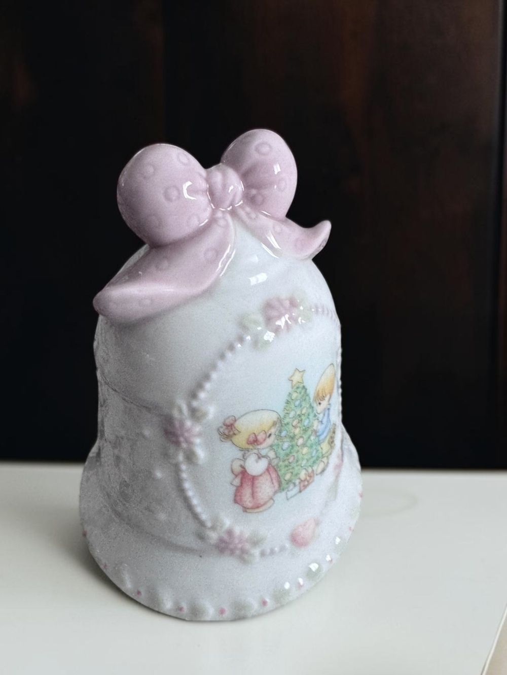 Precious Moments Porcelain Bell Figurine with Pink Bow and Christmas Scene